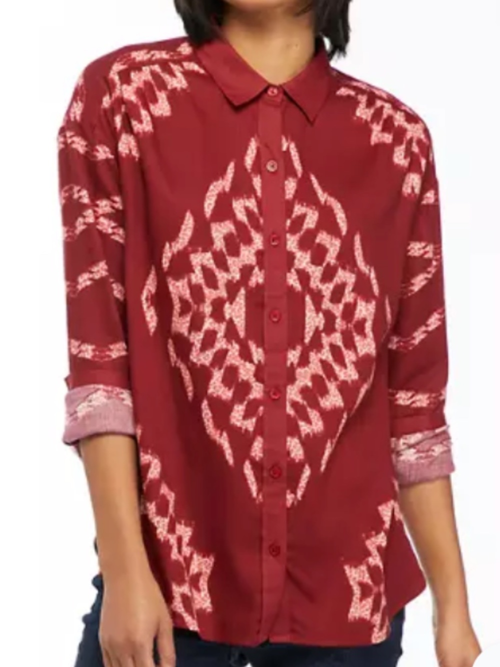 Wonderly Button Up Blouse Women M Red Aztec Boyfriend Cotton Blend Shirt